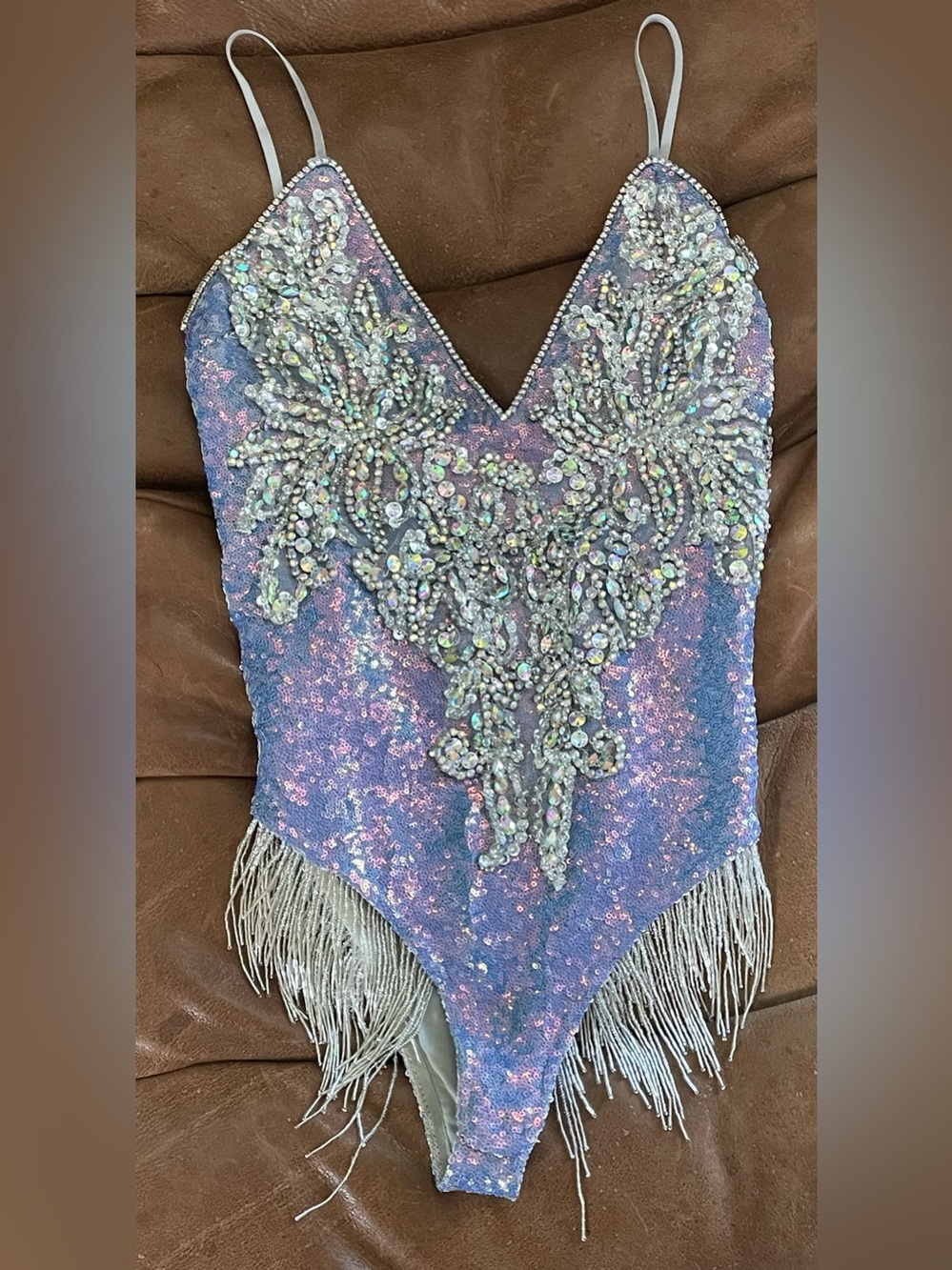 For Love & Lemons Custom Iridescent Fringe Mini Beaded Festival Bodysuit/XS